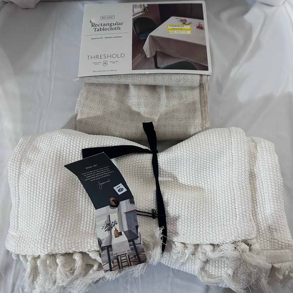 NWT Cream Table Runner & Beige Rectangular Tablecloth -Threshold, Hearth & Hand